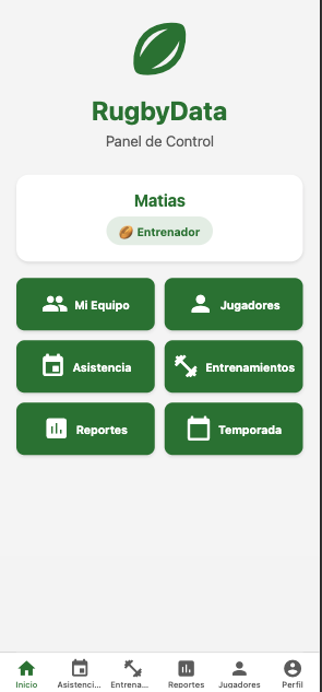 Panel de control de la app de RugbyData para entrenadores de rugby